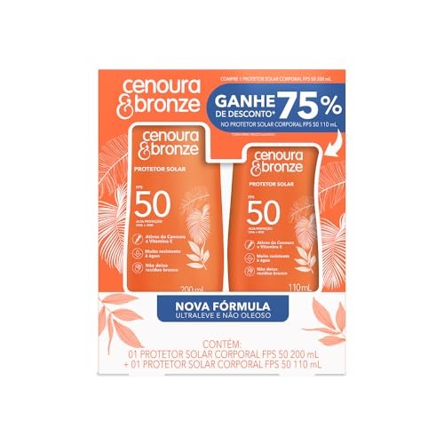 Protetor Solar Líquido Cenoura e Bronze, FPS 50, Kit com 2 Unidades | Frascos de 200ml e 110ml