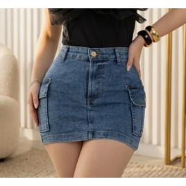 Saia Cargo Sarja Feminina Cintura Alta Com Lycra Bolsos