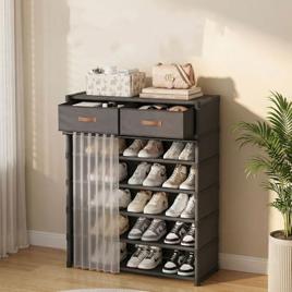 Sapateira Vertical com 6 Prateleiras, Cortina e Gavetas, Organizador Alto para Sapatos, Design Compacto, para Entrada, Corredor e Quarto