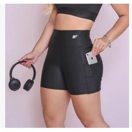 Short de academia Feminino Suplex Cintura Alta Bolso Academia Plus