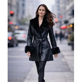 Sobretudo De Couro Feminino Elegante