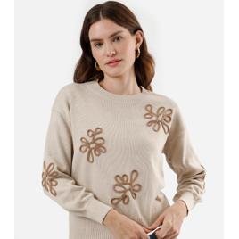 suéter feminino de tricot com bordado bege