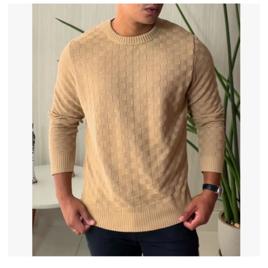 Suéter Masculino Lã Tricot Manga Longa Xadrez Blusa De Frio