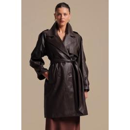 Trench coat feminino em poliuretano com amarração - marrom