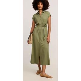 Vestido Chemise New Midi em Orly com Amarração Verde Oliva