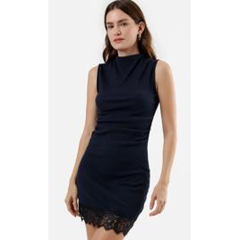 vestido curto feminino de algodão gola alta com renda franzido azul