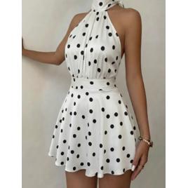 Vestido Curto Poa Soltinho Gola Alta Amarrar Casual Verão