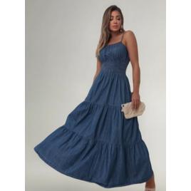 Vestido Jeans Longo De Alça Com Elastico Fenda Lateral