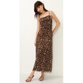 vestido longo de tule animal print com franzido bege