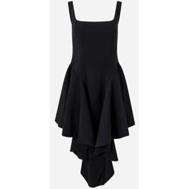 Vestido Midi Alfaiatado com Babados Estruturados e Barra Assimétrica Preto