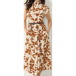 Vestido midi chemise com cinto feminino estampado - Bege
