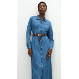 Vestido Midi em Jeans com Manga Longa Azul Claro