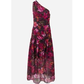 Vestido Midi Floral de Um Ombro Só com Drapeado Multicores