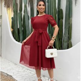 Vestido Moda Evangélica Godê Mídi De Tule Poá Manga Curta