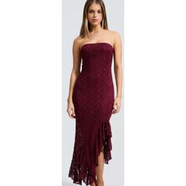 Vestido Tomara que Caia em Renda com Babado Assimétrico Vinho
