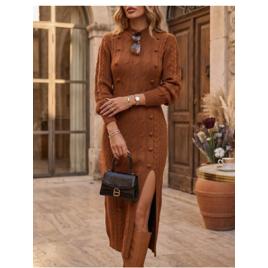 Vestido Tricô Longo Trança Fenda Tendência Manga Longa