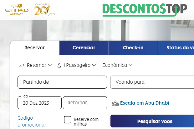 Captura de tela da pagina inicial da Etihad