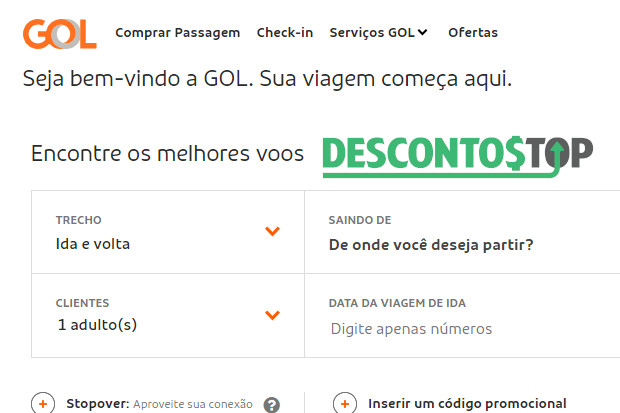 Captura de tela da pagina inicial da Gol