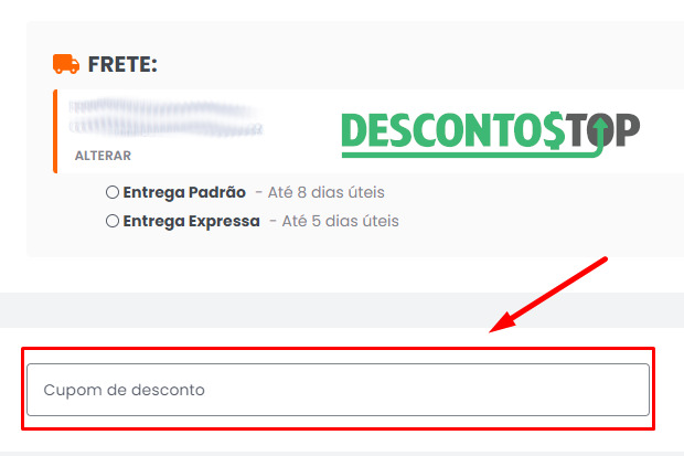 Captura de tela do site KaBuM!, no carrinho de compras, mostrando onde fica o campo para inserir um cupom de desconto