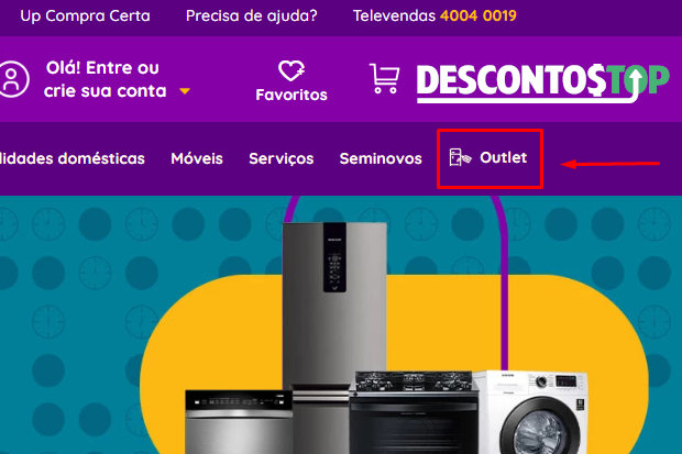 Captura de tela do site Compra certa mostrando onde fica a categoria Outlet para clicar