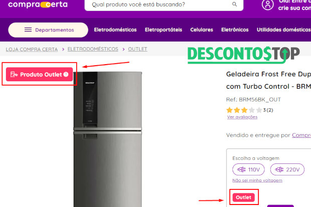 Captura de tela do site Compra certa mostrando os selos de Outlet com um produto aberto.