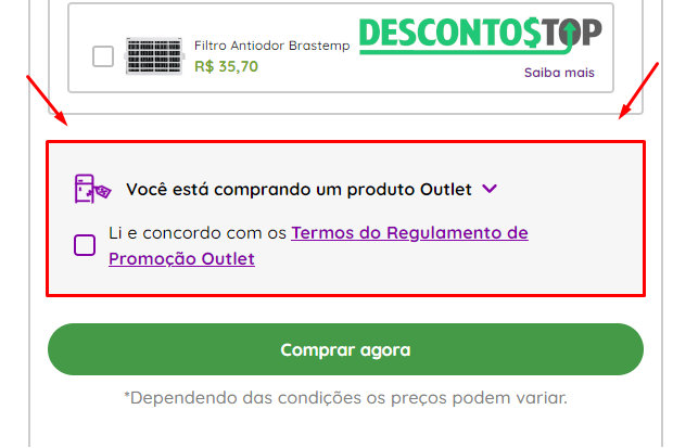 Captura de tela do site Compra certa mostrando os termons onde vocÊ precisa confirmar que sabe que se trata de um produto de outlet