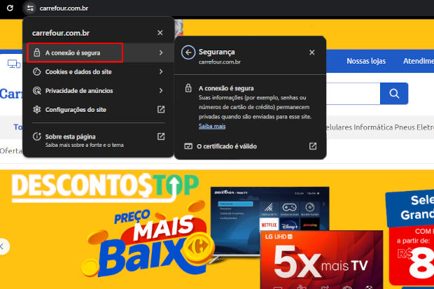 Captura de tela do site Carrefour, demonstrando o certificado SSL.