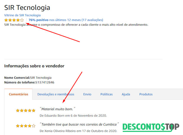 avaliações de um vendedor na Amazon