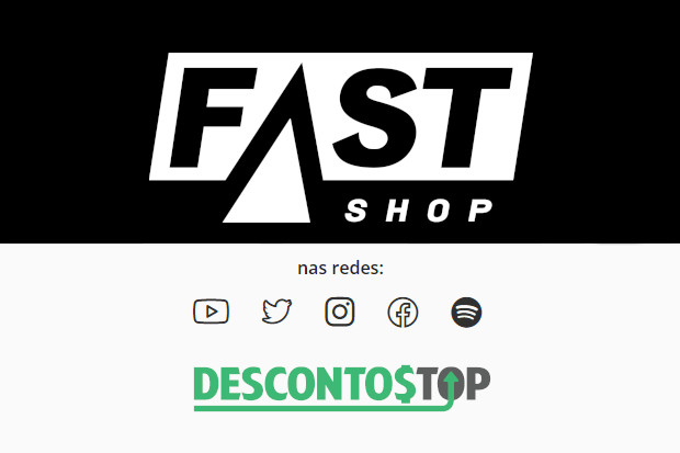 Captura de tela dos icones de redes sociais no site fast shop, alterado com o acréscimo do logo da loja e a centralização da frase 