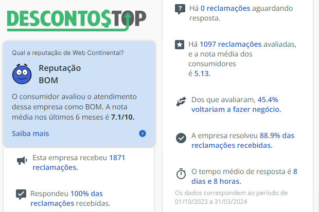Captura de tela do site Reclame Aqui com os dados da Webcontinental.