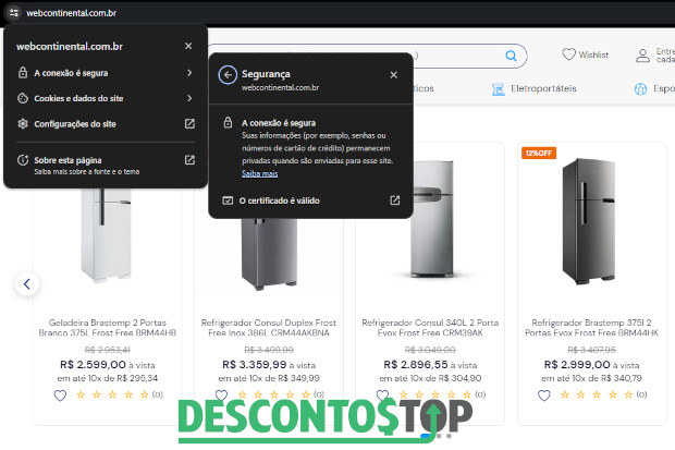 Captura de tela do site Webcontinental, demonstrando o certificado SSL.