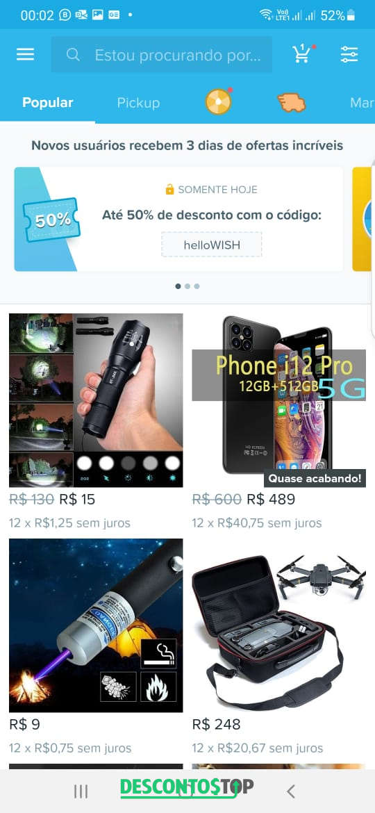 produtos a venda na loja Wish pelo app