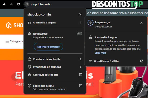 Captura de tela da página inicial da ShopClub com a demonstração da verificação do certificado SSL