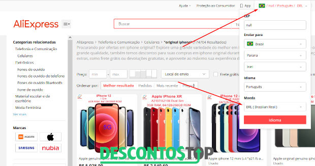 Captura de tela do AliExpress na qual é possível selecionar valores em Reais Brasileiros