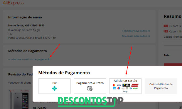 Reprodução de tela do AliExpress na qual é possível selecionar o pagamento por cartão de crédito