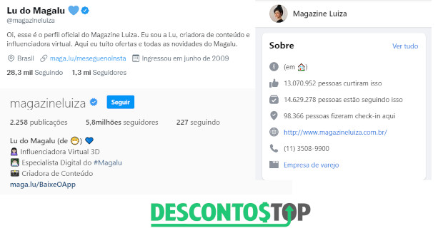 print das redes sociais com a  quantidade de seguidores do Magazine Luiza