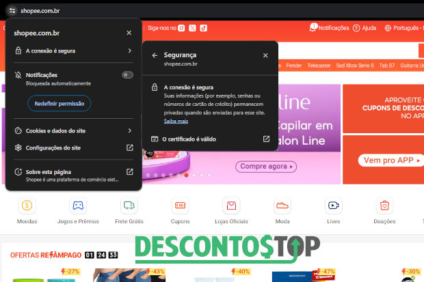 Captura de tela do site Shopee, demonstrando o certificado SSL.