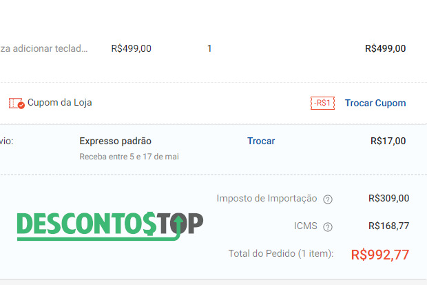 Captura de tela do site Shopee. Na imagem podemos verificar um produto no carrinho e as taxas aplicadas a ele na finalização do pedido.