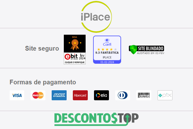 Captura de tela do site iplace, com recortes dos certificados e das formas de pagamento que aparecem no rodapé.