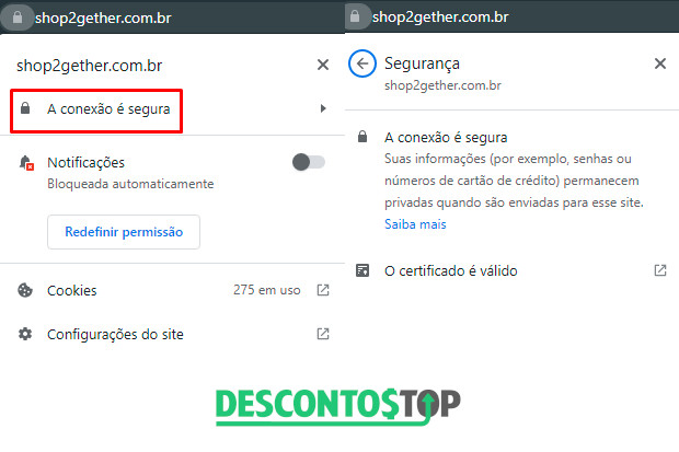 como encontrar o certificado se segunça site Shop2Gther