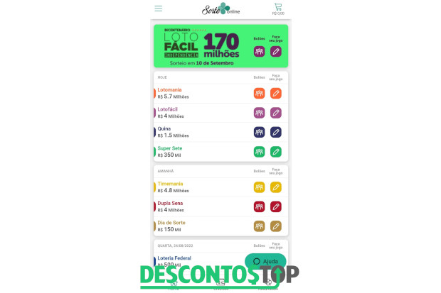 captura de tela app sorte online página inicial