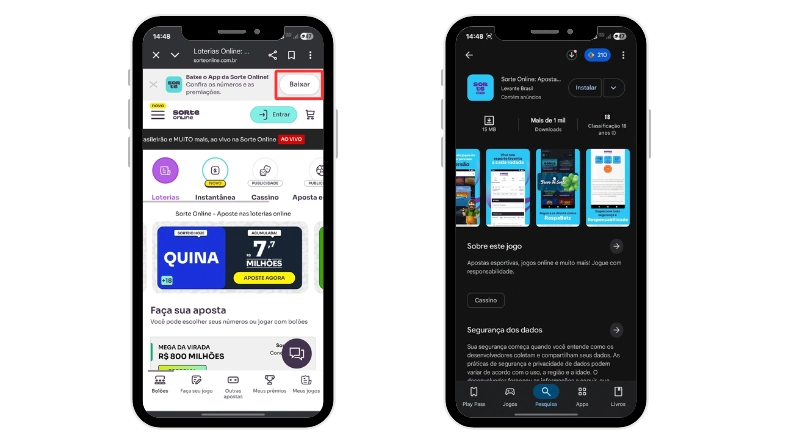 Imagem mostrando a busca e instalação do aplicativo de loteria online em smartphones, destacando a confiabilidade do app para jogos de sorte online.