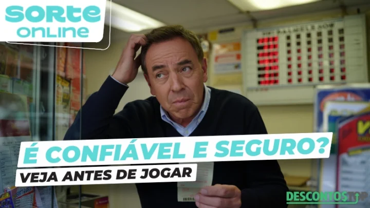 Homem pensativo em lotérica, com dúvida sobre a confiabilidade de loterias online, com destaque para a palavra-chave 'Sorte online é confiável' na imagem.