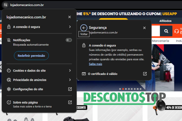 Captura de tela do site Loja do Mecânico, demonstrando como encontrar o certificado SSl