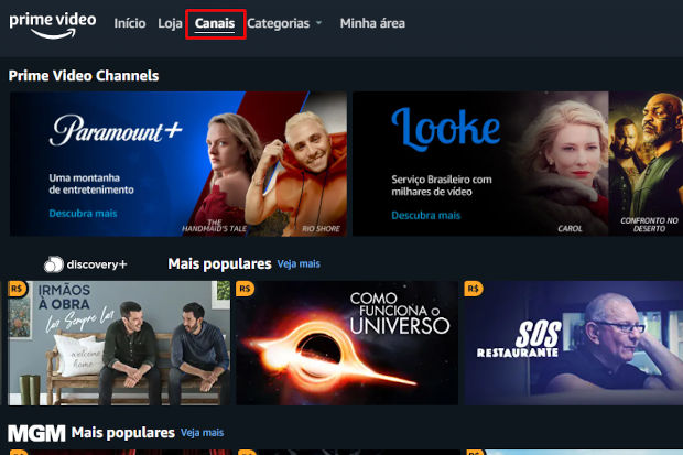 Captura de tela do Prime Video, na aba de Canais, referente aos 