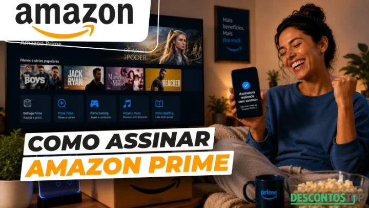 Uma mulher sorridente está sentada em um sofá, segurando um smartphone com o logotipo do Amazon Prime, cercada por caixas de entrega do Prime. A tela da TV exibe um conteúdo do Amazon Prime Video. Um texto em português explica como se inscrever no Amazon Prime.
