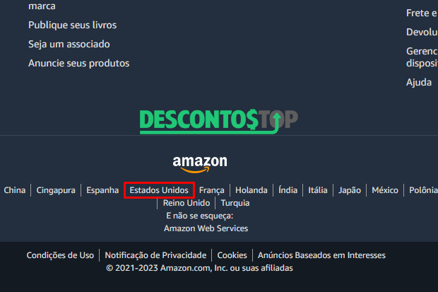 Captura da página iniciall do site Amazon, no rodapé. Em destaque o link para a versão americana da loja.