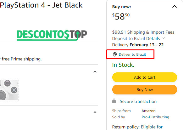 Captura de tela do site Amazon na sua versão americana. Destaque para o selo de envio dos EUA para o Brasil.