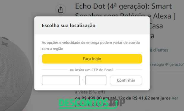 Captura de tela do site Amazon, na página de um produto. Mostrando a tela de de seleção de CEP, após clicar no botão 