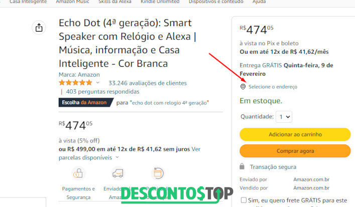 Captura de tela do site Amazon, na página de um produto. Dando destaque aos botão de selecionar endereço.